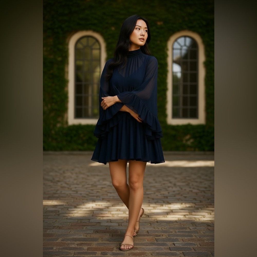 Commense Ruffle Mini Cape Dress - Picture 2 of 5